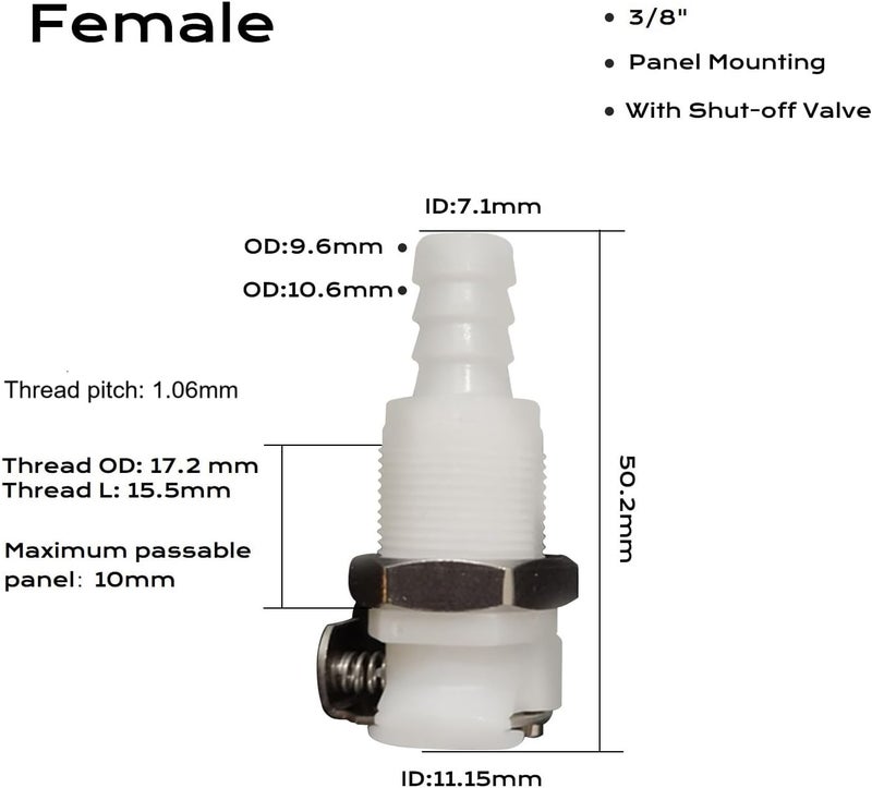 BBTUS 2PCS 1/4" 3/8" 5/16" Plastic Tube in-line Hose Quick Connector with Shut-Off valve, Panel Mounting Quick Disconnect Coupling,Female Quick Connect Barbed Fittings (2x Female Connector) - Image 2